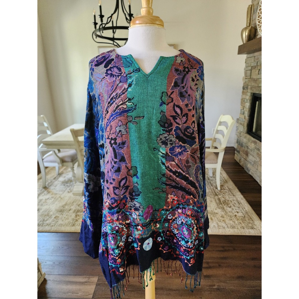 ANU Women Floral Paisley Tapestry Tunic Top Embroidered Fringe Boho Multicolor L
